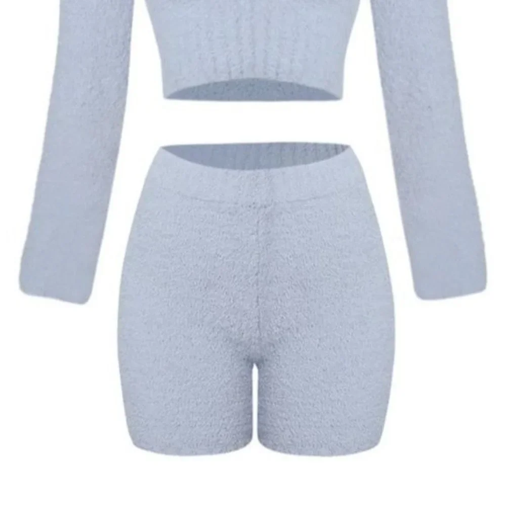 Tresser Comfy Fuzzy Knit Crop Top Bike Short Set Cloud Blue Size Large NWT
